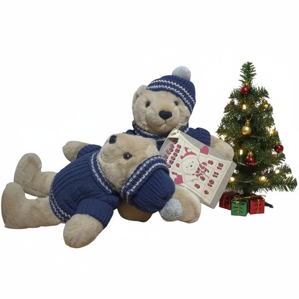 Vintage Carousel by Guy Teddy Bear Pair 1985 Blue Sweater Hat w Advent Calendar - Picture 4 of 14